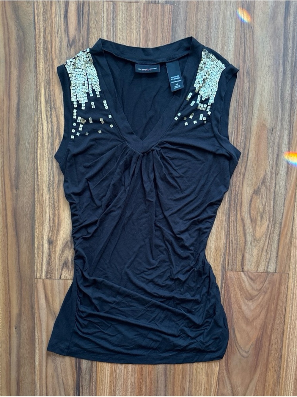 New York & Company Black Sleeveless V-Neck Blouse with Gold Sequin Shoulders